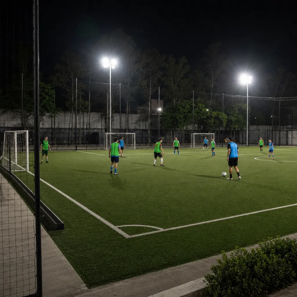 Cancha sintética iluminada de noche