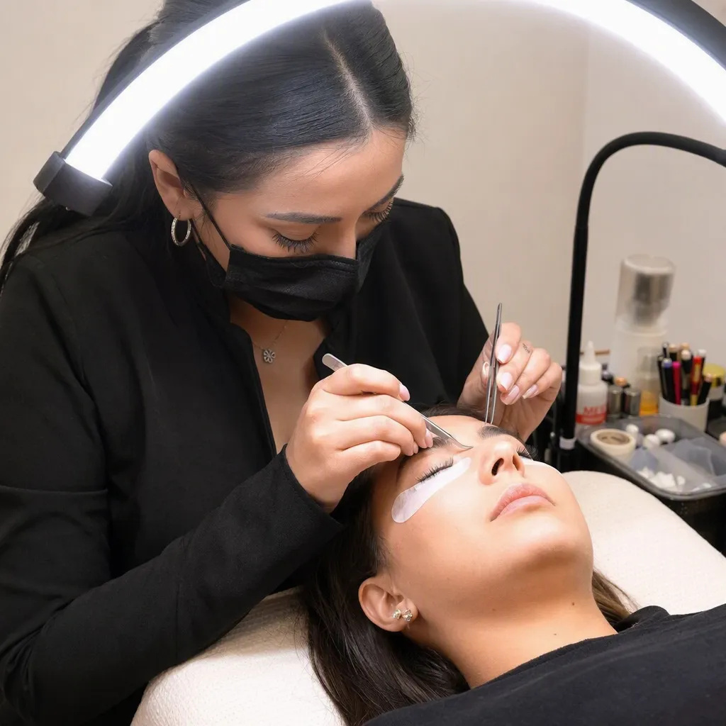 Lashista aplicando extensiones de pestañas